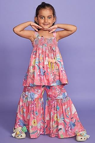 pink silk muslin floral printed co-ord set for girls