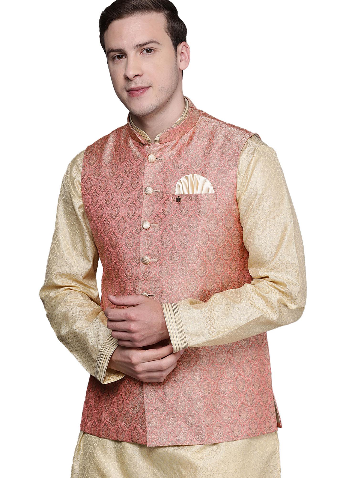 pink silk nehru jacket for men