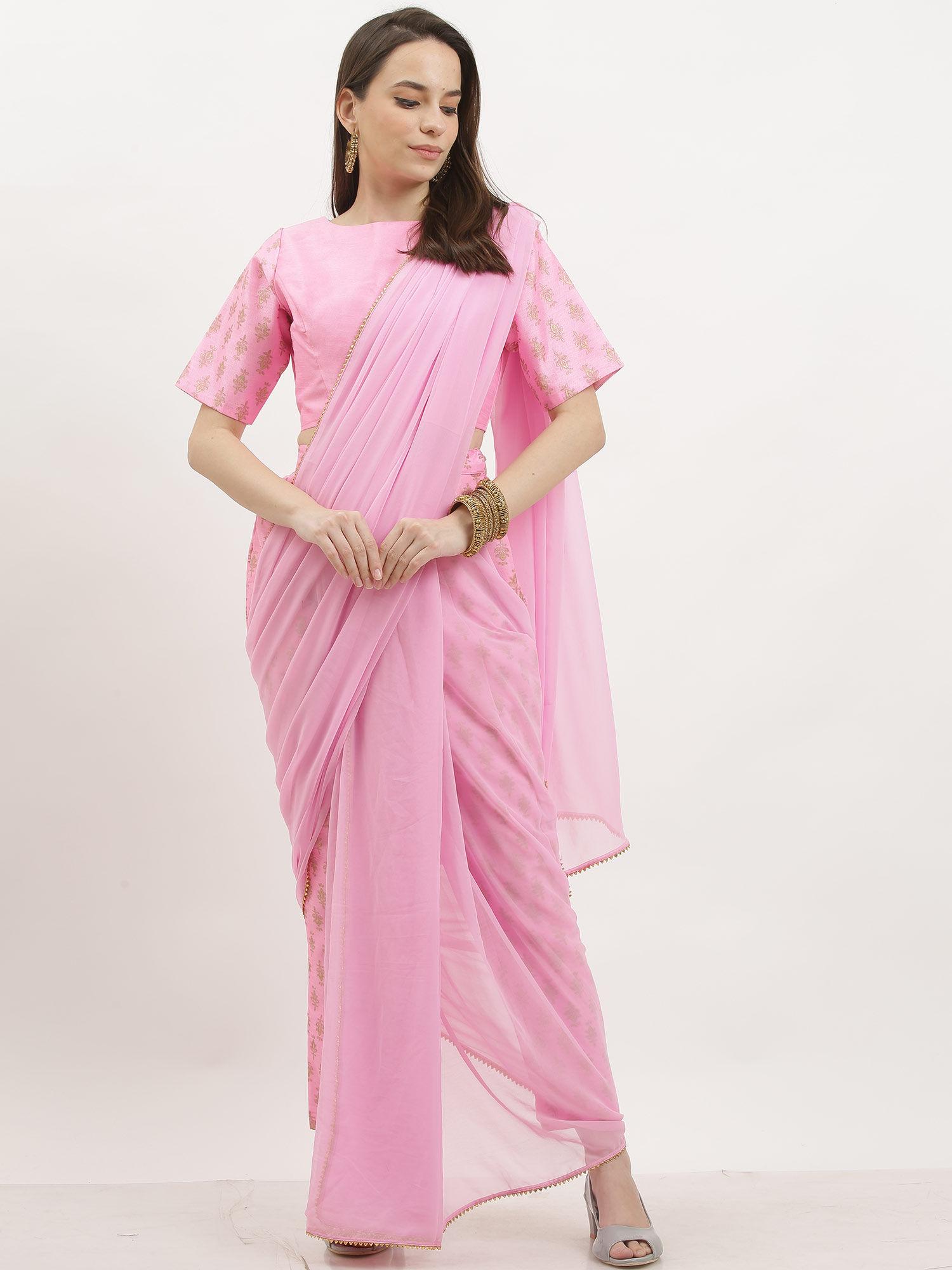 pink silk printed pre-draped saree with stitched blouse