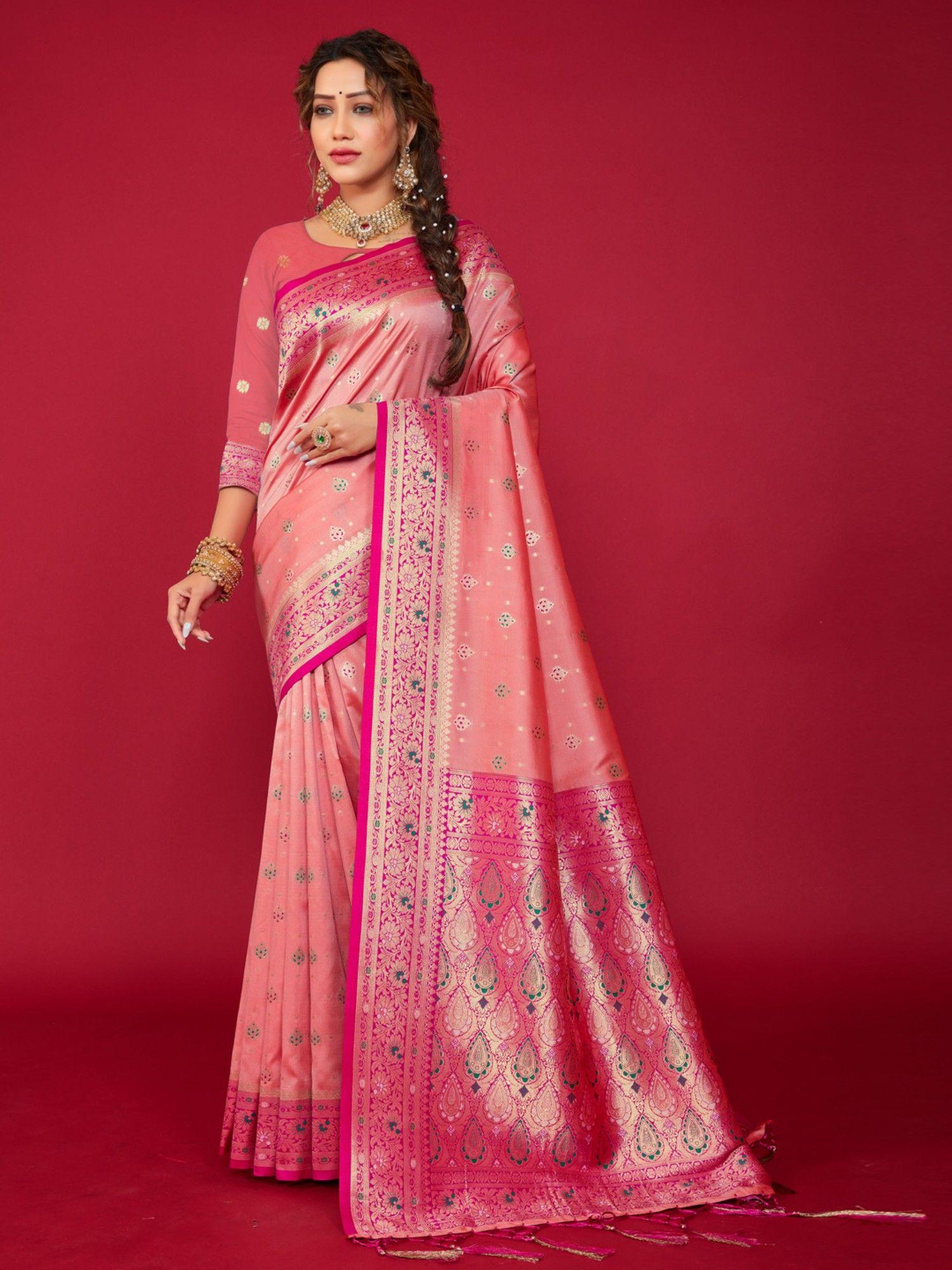 pink silk printed traditional tassel saree with unstitched blouse