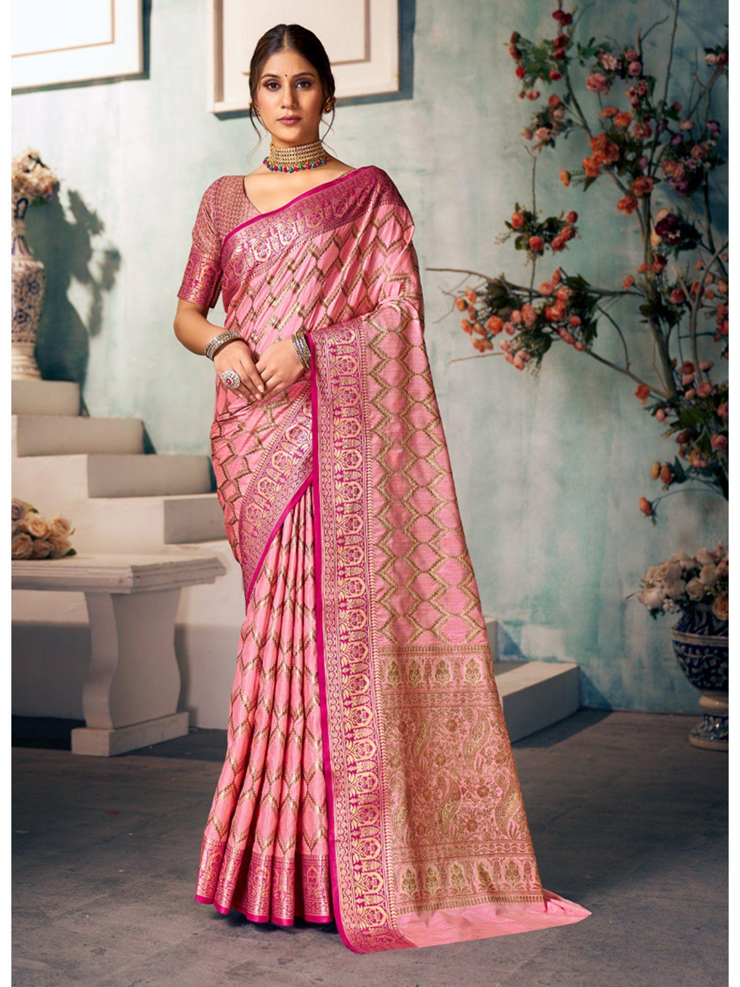 pink silk woven zari work traditional saree with unstitched blouse