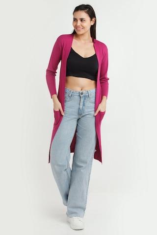 pink solid casual full sleeves women regular fit cardigan