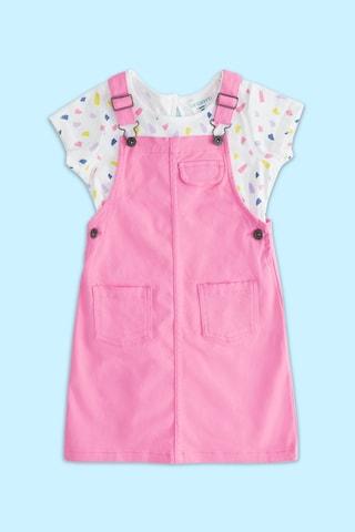 pink solid casual round neck girls regular fit dungaree set