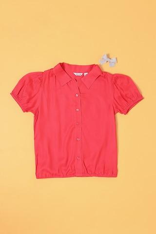 pink solid casual short sleeves collared neck girls regular fit top