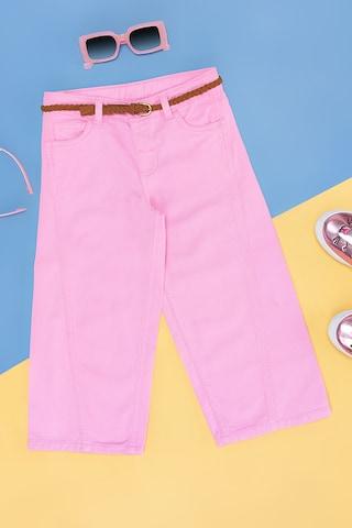 pink solid cotton girls regular fit jeans