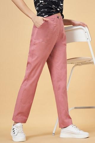 pink solid cotton women regular fit trousers