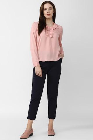 pink solid formal full sleeves v neck women regular fit top