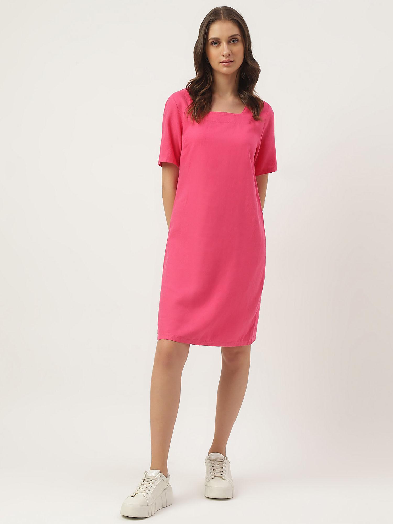 pink solid knee length dress