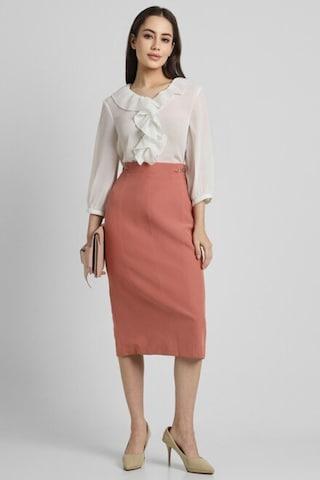 pink solid knee length formal women regular fit skirt
