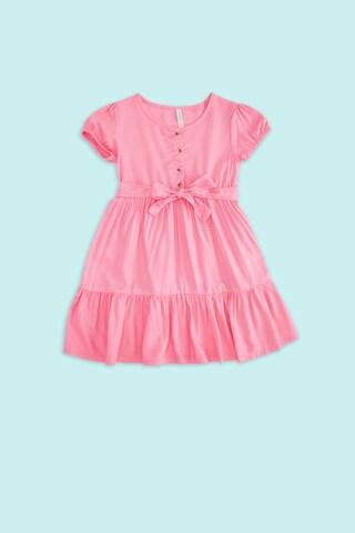 pink solid round neck casual knee length short sleeves girls regular fit dress