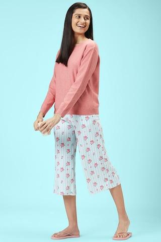 pink solid sleepwear full sleeves round neck women comfort fit top