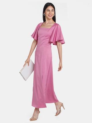 pink solid square neck casual full length short sleeves women regular fit dress