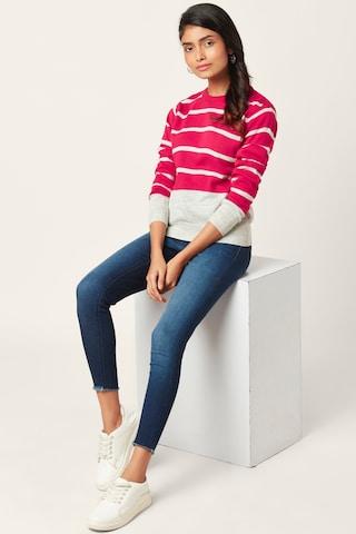 pink stripe casual full sleeves crew neck women regular fit sweater