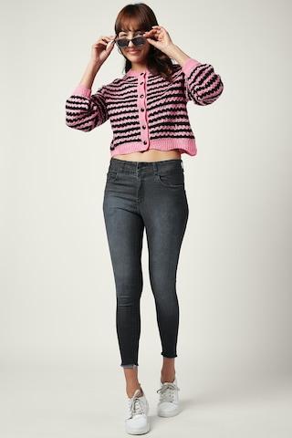 pink stripe casual full sleeves v neck women relaxed fit sweater