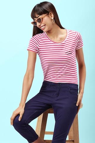 pink stripe casual short sleeves round neck women regular fit t-shirt