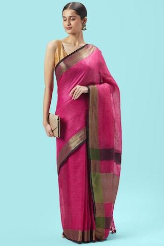pink stripe linen sari