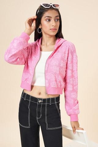 pink textured cotton hooded neck girls regular fit sweatshirts