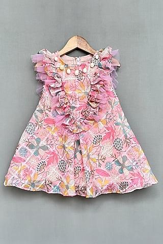 pink textured linen floral printed dress for girls