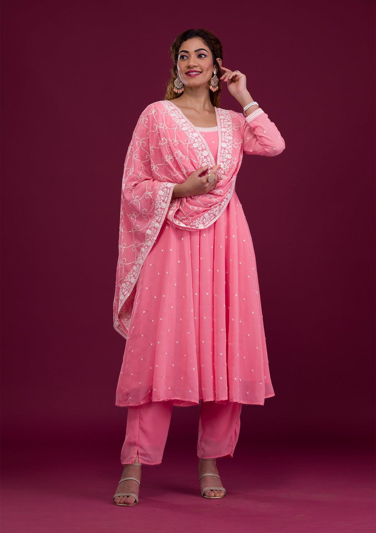 pink threadwork georgette readymade salwar suit