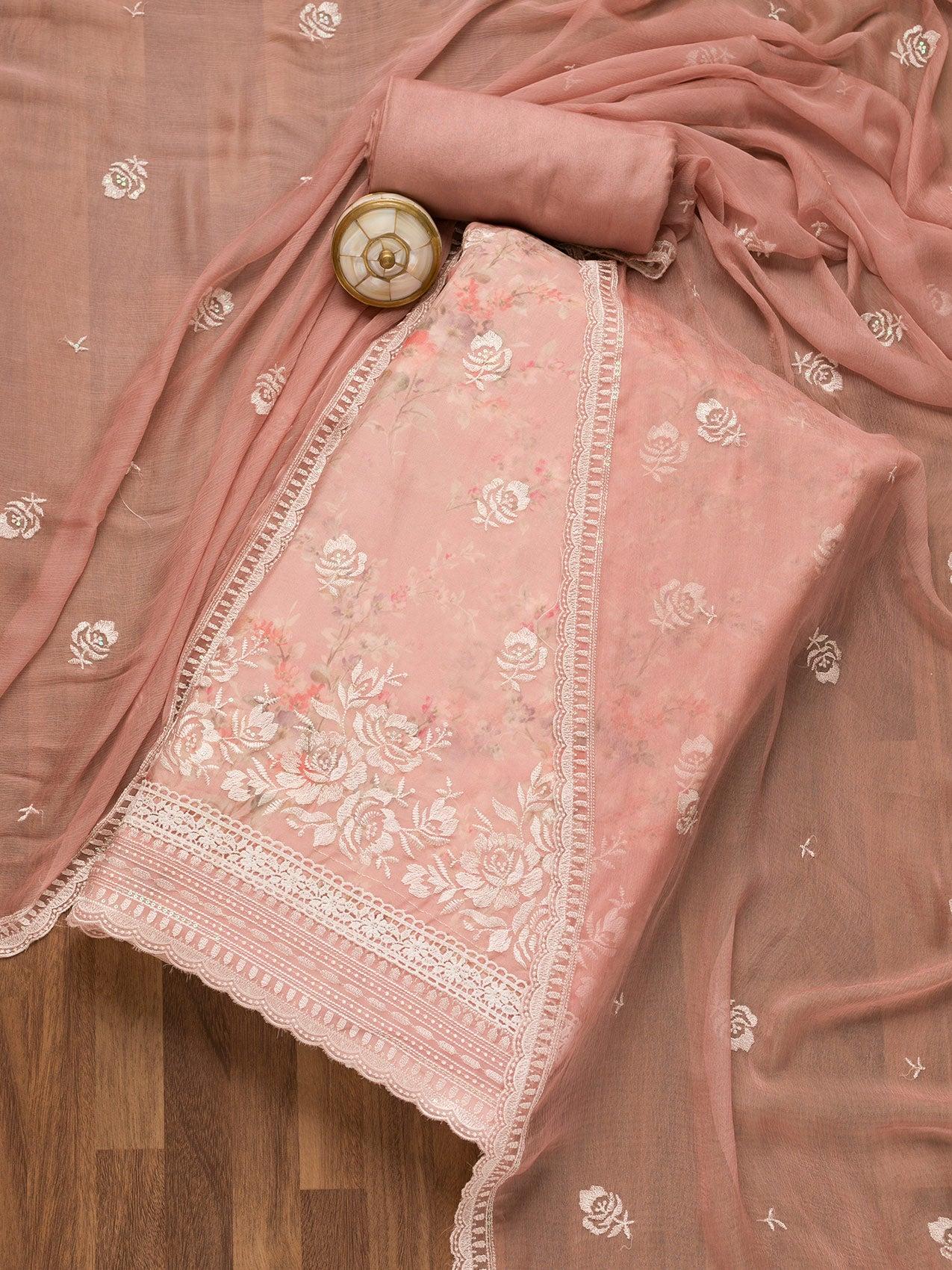 pink threadwork georgette unstitched salwar suit