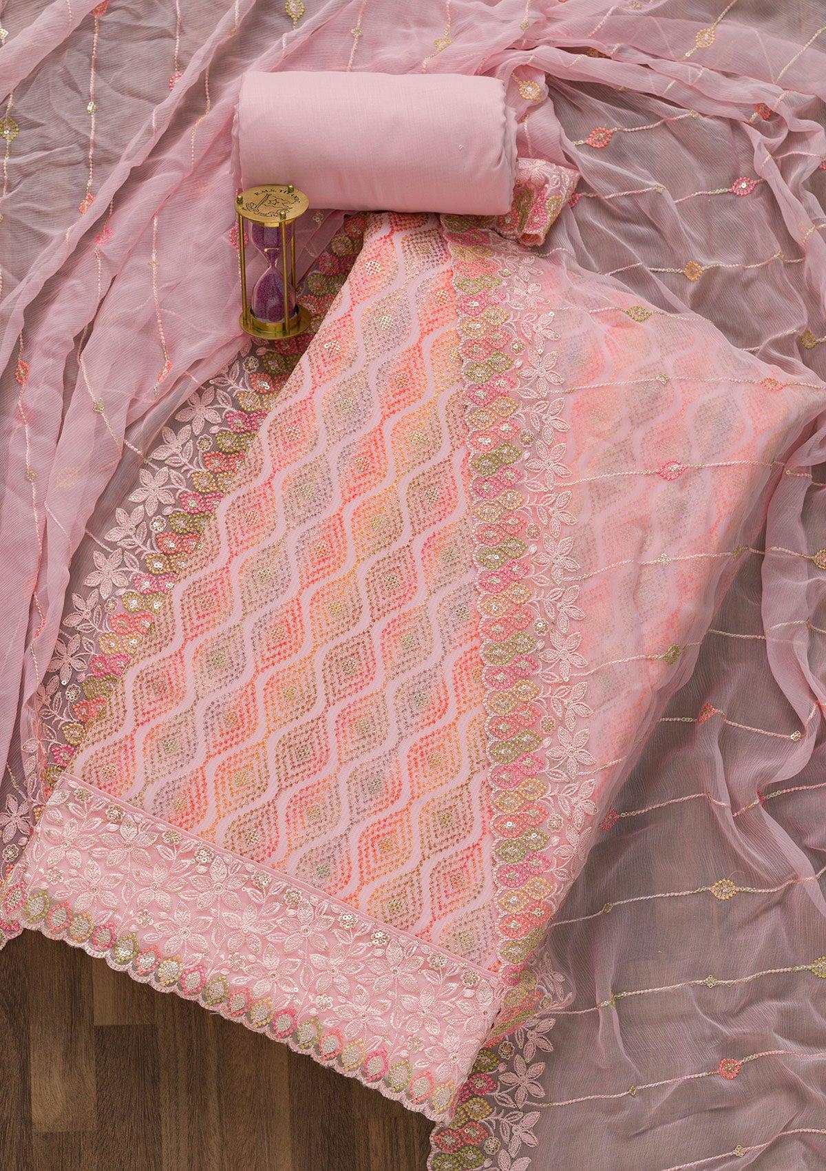pink threadwork georgette unstitched salwar suit