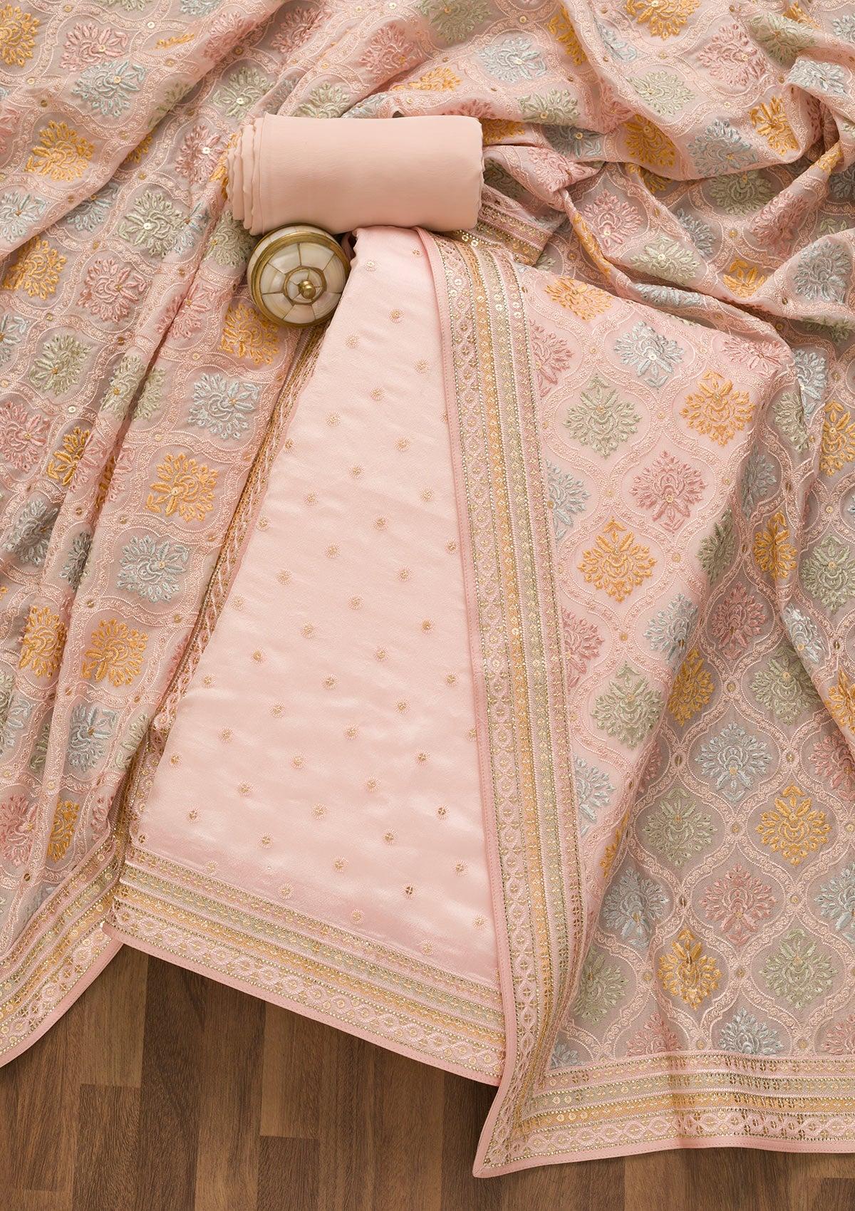 pink threadwork tissue unstitched salwar suit