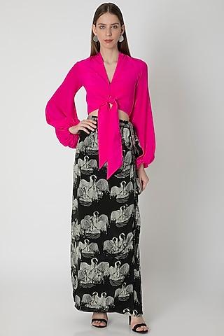 pink top with black digital printed skirt & bag