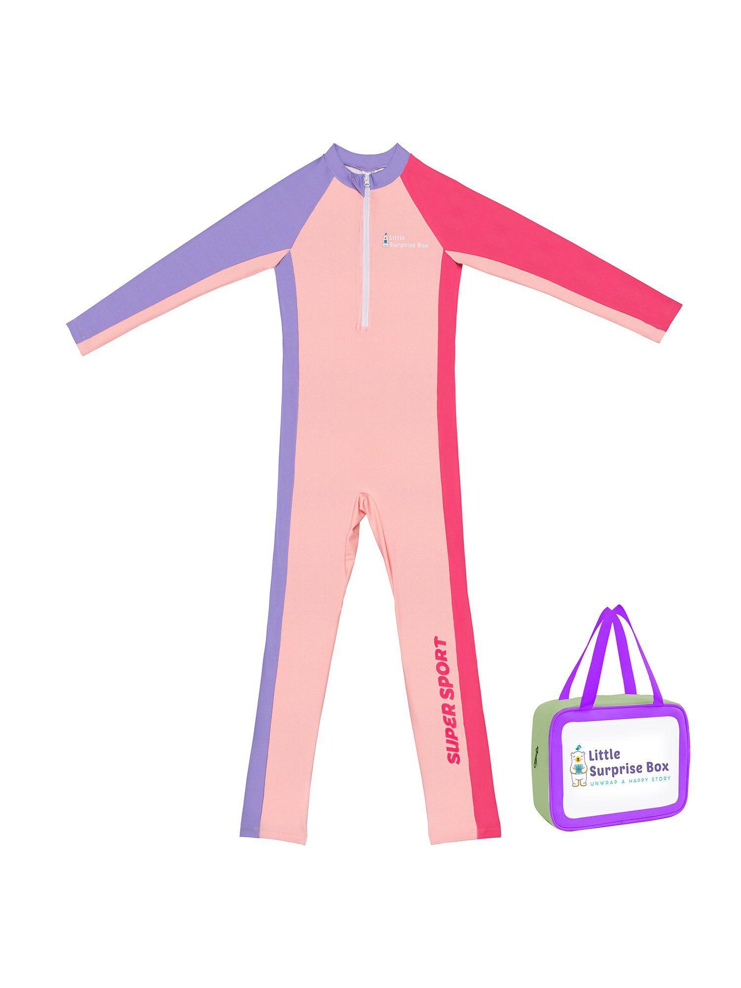 pink tri colour super sport swimwear for kids with upf 30+
