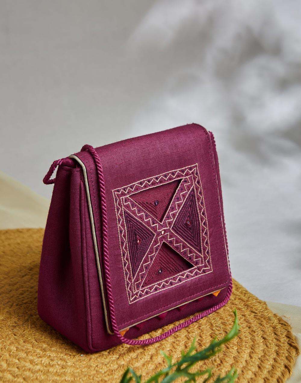 pink tussar cotton hand embroidered clutch