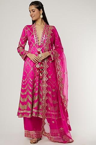 pink tussar silk angrakha kurta set