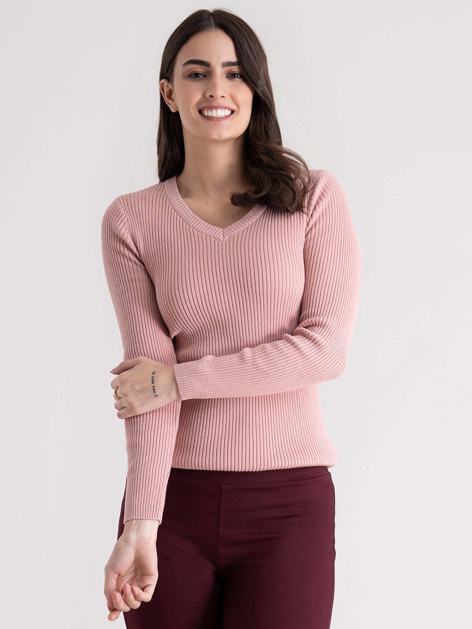 pink v-neck rib sweater