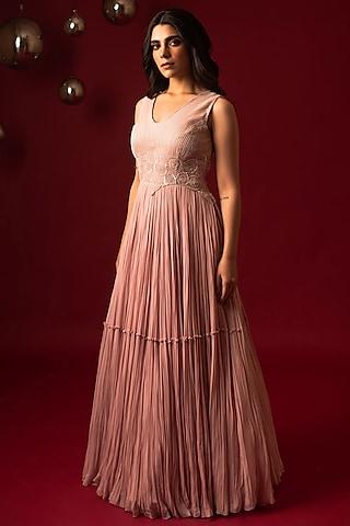 pink viscose & organza hand embroidered ruched gown