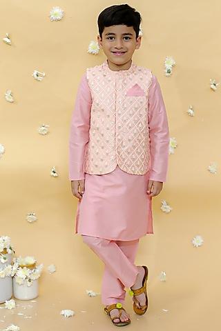 pink viscose silk chikankari embroidered nehru jacket set for boys