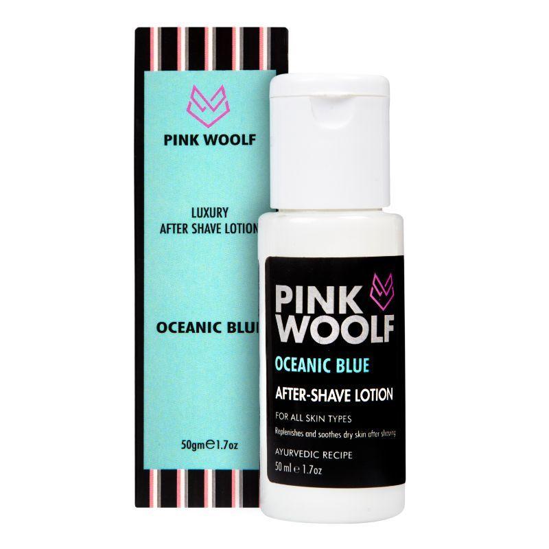 pink woolf after shave lotion (oceanic blue), soothes & moisturizes dry skin