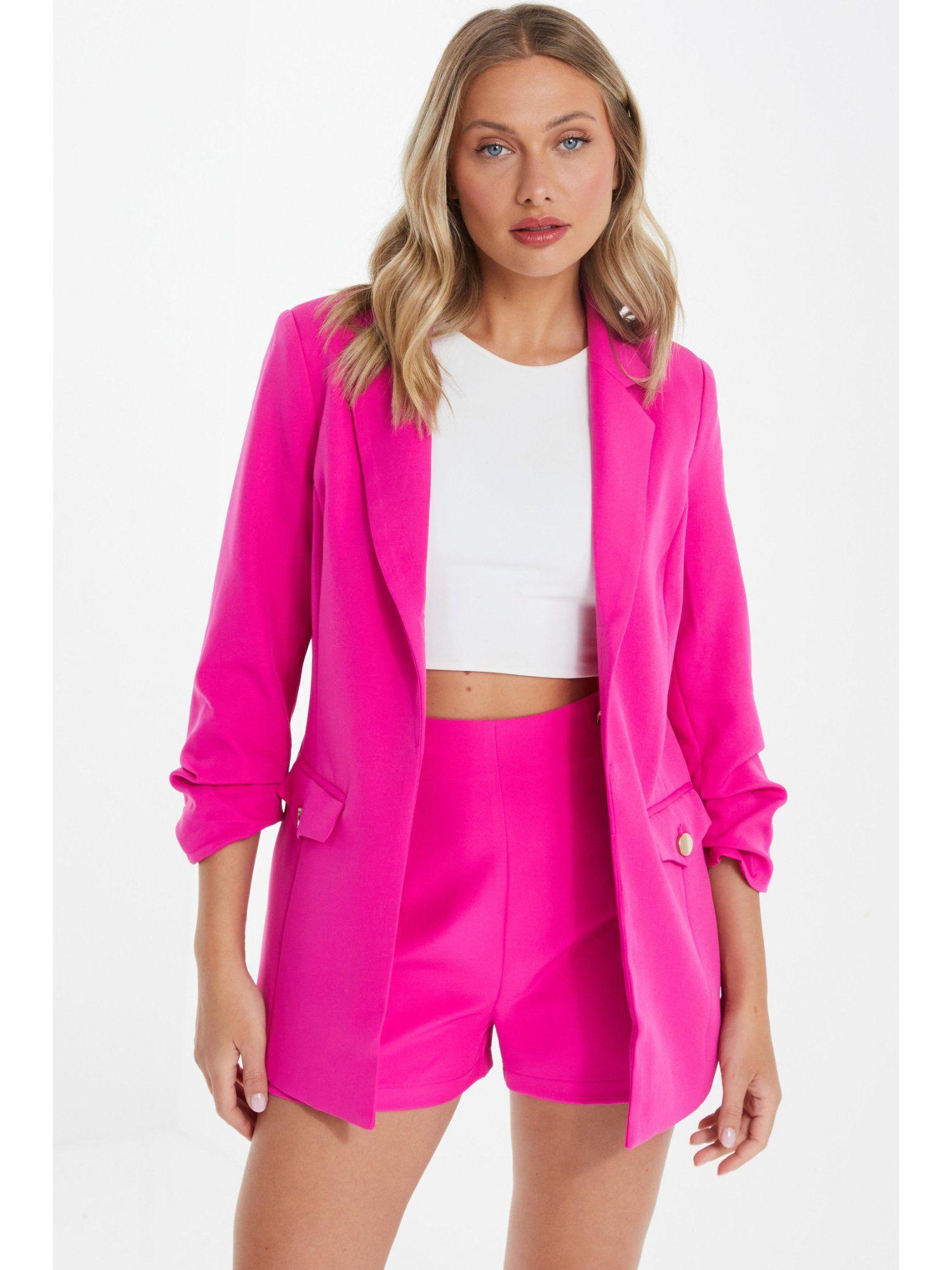 pink woven ruched sleeve tailored blazer