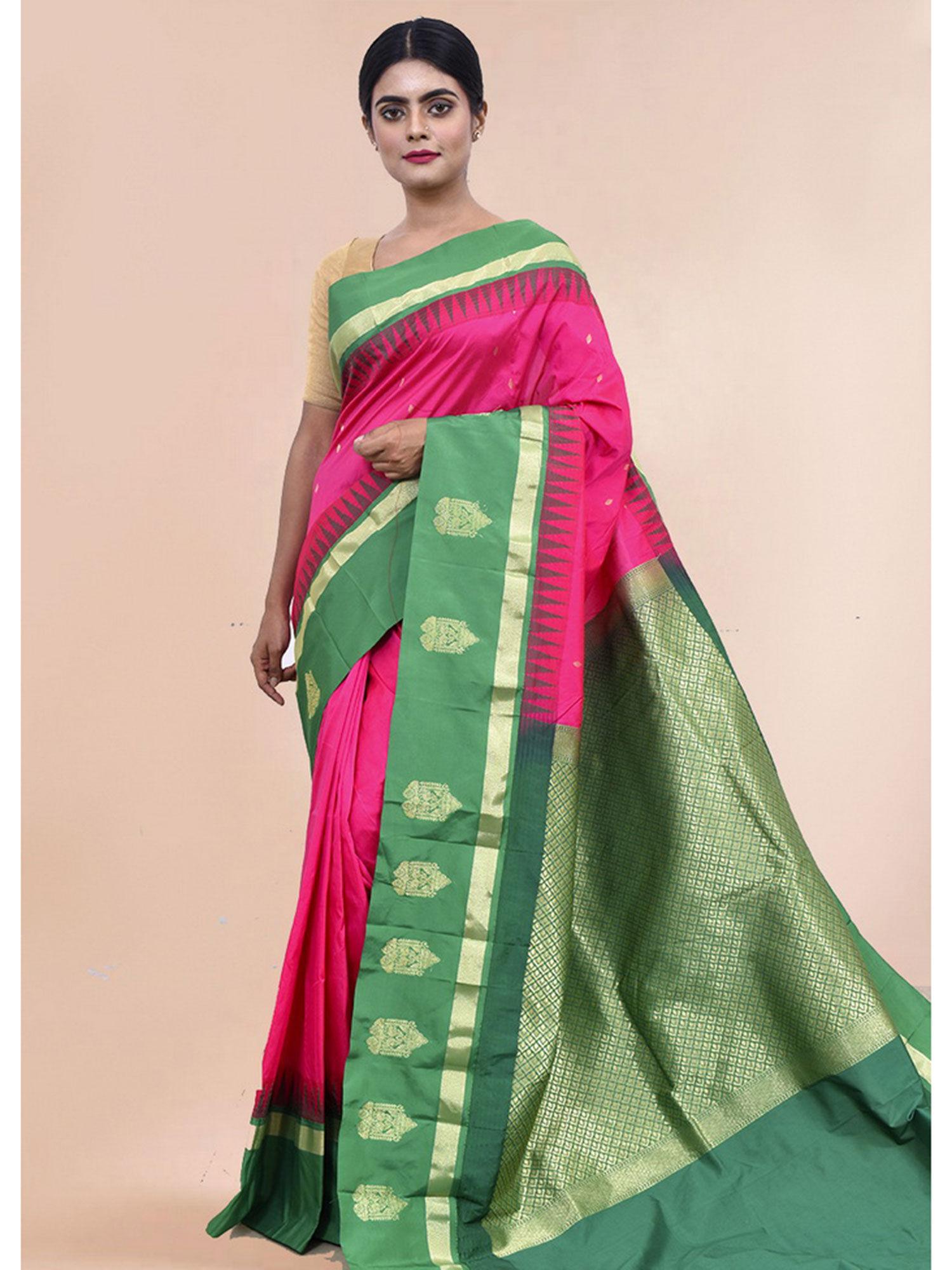 pink zari woven saree with unstitched blouse
