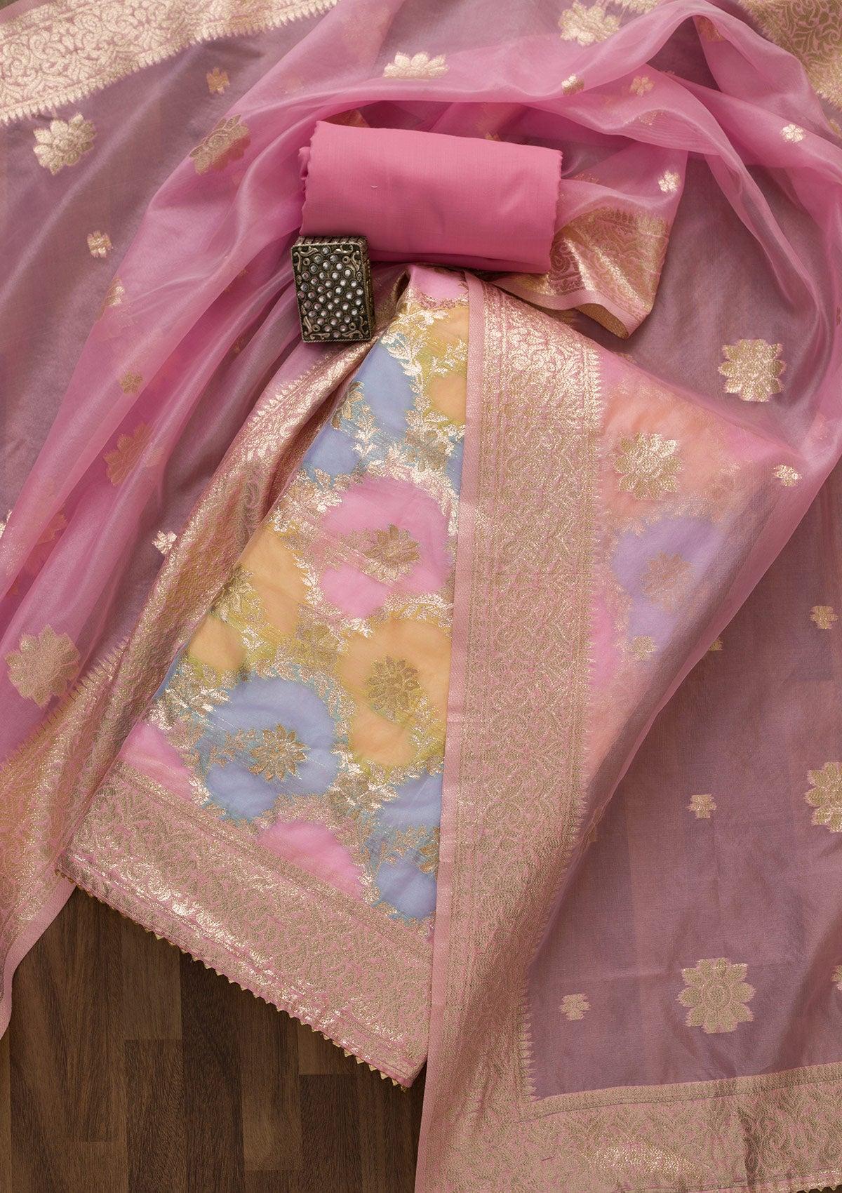 pink zariwork banarasi silk unstitched salwar suit