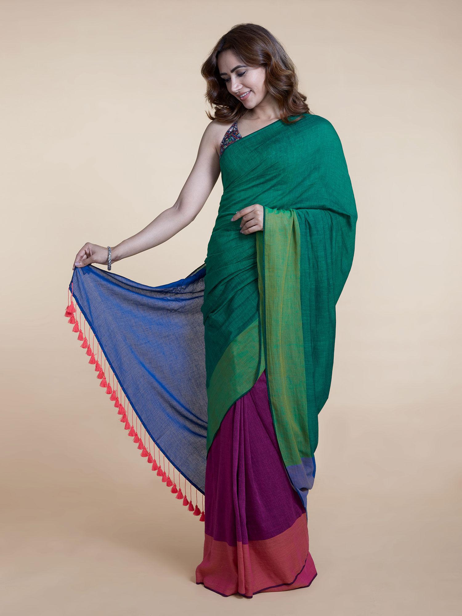 pink, green & blue color block pure cotton handloom saree without blouse