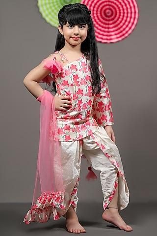 pink & beige floral printed kurta set for girls
