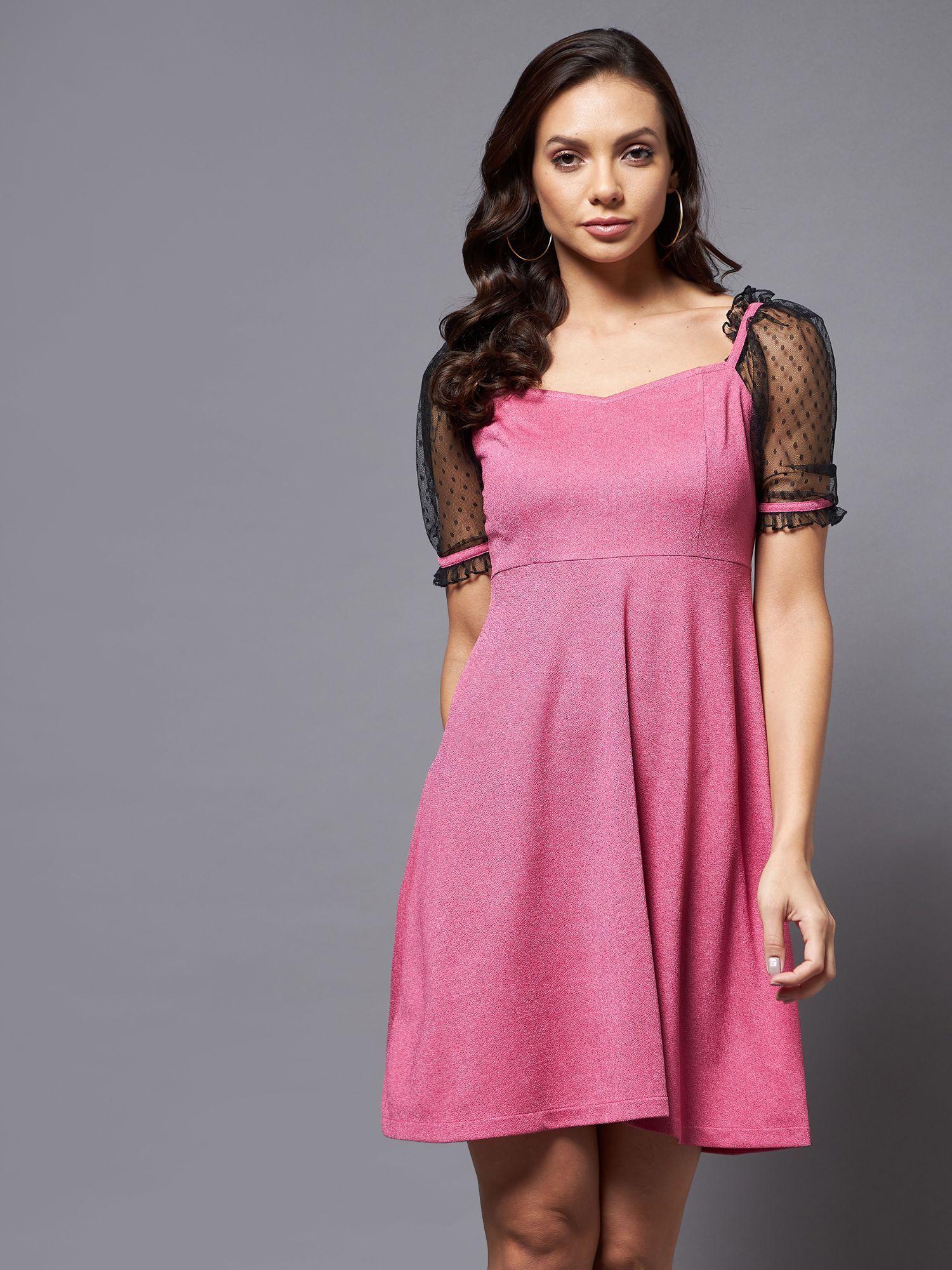 pink & black solid v-neck half sleeve relaxed fit knee-long dress