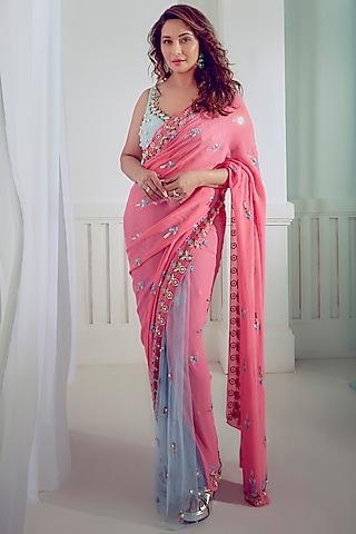 pink & blue pre-stitched embellished saree set