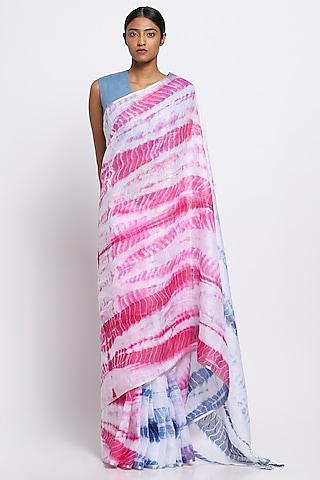 pink & blue pure linen tie-dye saree