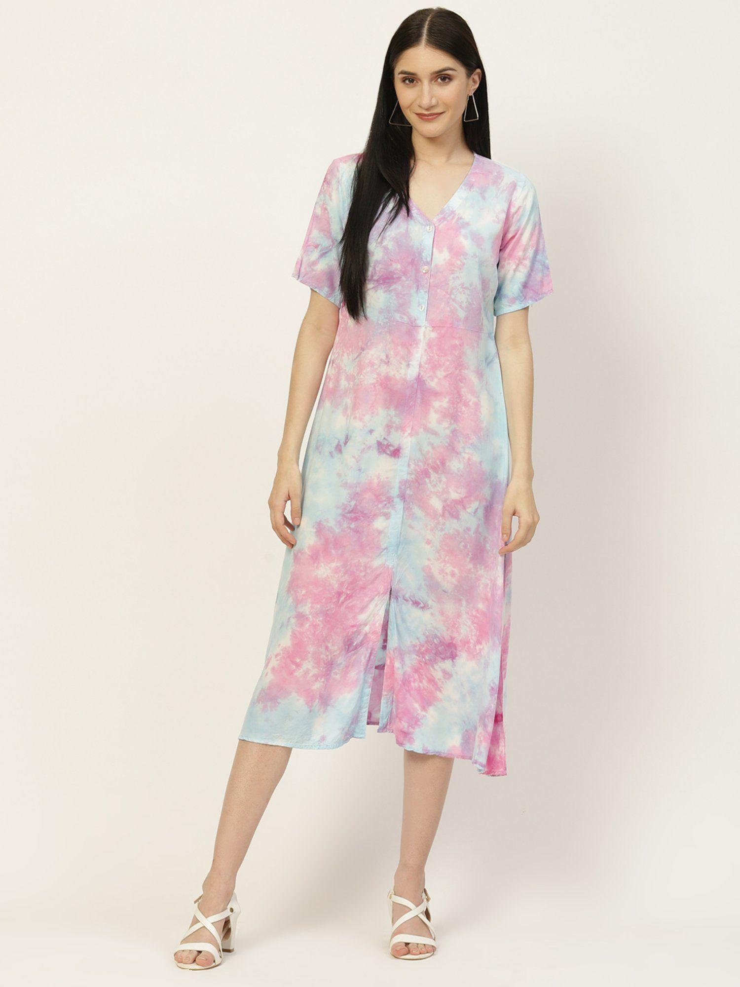 pink & blue tie & dyed full placket dress