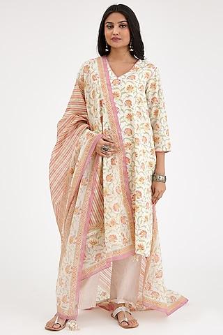 pink & cream cotton printed a-line kurta set