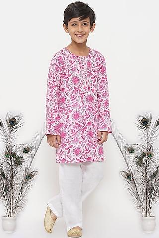 pink & cream embroidered kurta set for boys