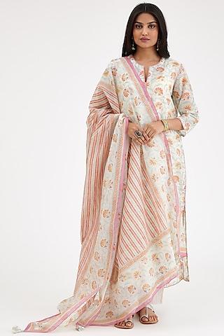 pink & cream silk chanderi printed kurta set