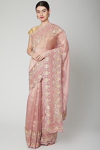 pink & gold beads embroidered saree set