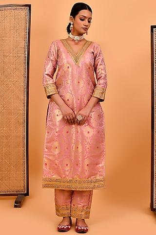 pink & gold brocade banarasi handloom kurta set