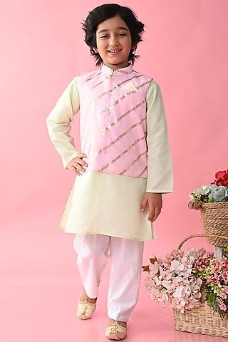 pink & gold cotton printed nehru jacket with kurta set for boys