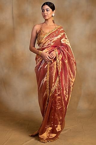 pink & gold silk chanderi tissue handwoven saree